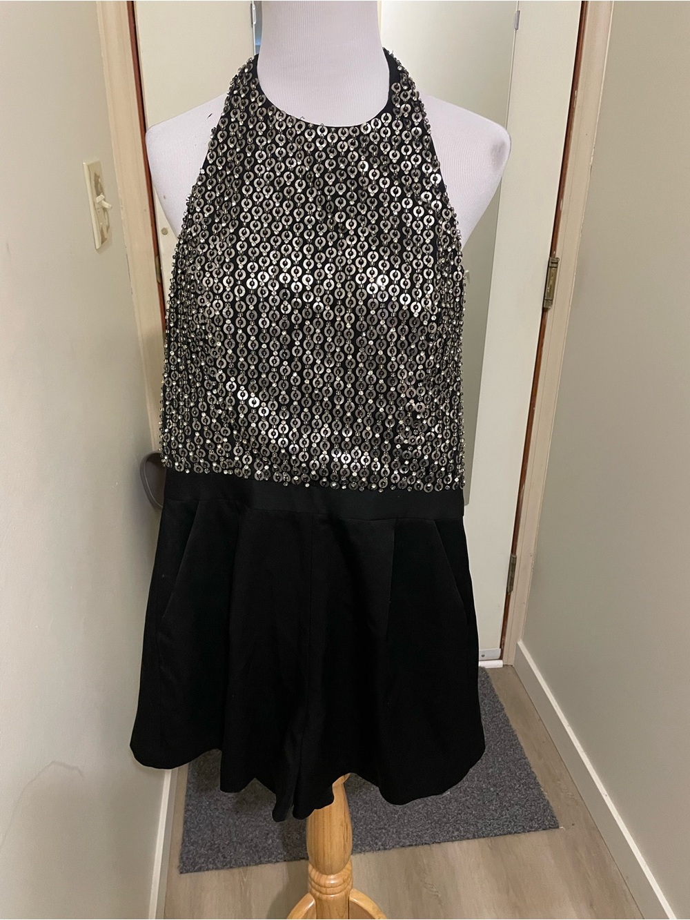 Alice + Olivia Black Romper with Silver Sequin Trim